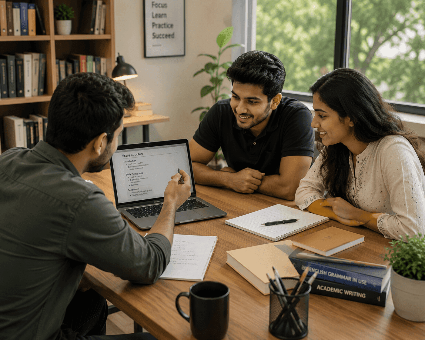 Tutor teaching essay structure to students